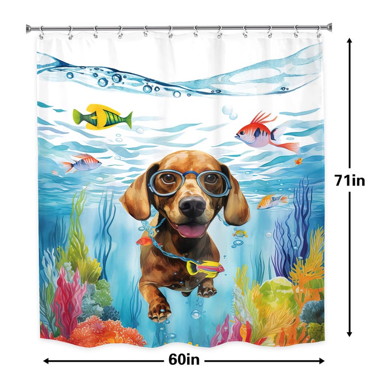 LGhtyro Kids Funny Dog Shower Curtain Bathroom Set 60Wx71H Inches Sea Ocean Hilarious Swimming Cute Animal Underwater Fish Coral Plant Nautical Bath Accessories Boy Art Home Decor Fabric 12 Pack Hooks - Image 5