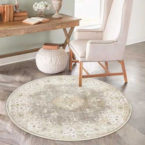 MUJOO Beige Round Rug 4ft,Circle Washable Area Rugs for Bedroom Living Room Bathroom,Vintage Bohemian Distressed Farmhouse Non Slip Circular Carpet,Floral - Image 2