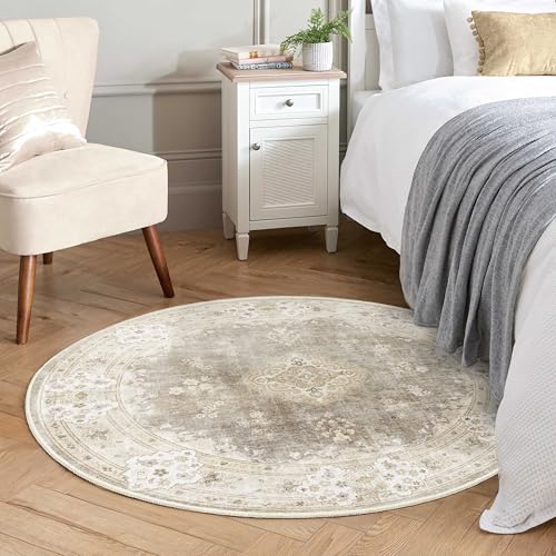 MUJOO Beige Round Rug 4ft,Circle Washable Area Rugs for Bedroom Living Room Bathroom,Vintage Bohemian Distressed Farmhouse Non Slip Circular Carpet,Floral - Image 3