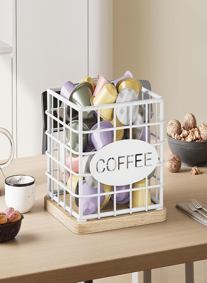 OGFC 58460 Holder Organizer, Large Capacity Coffee Pod Basket for K Cup, Coffee Capsule Storage Basket with Wooden Base, Space Saving, for Kitchen Countertop, White - Image 2