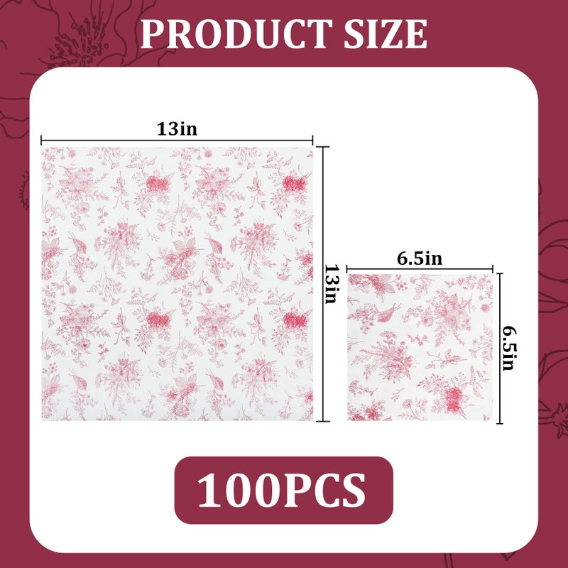 Elyxio 100 Floral Cocktail Napkins Red White Toile Paper Napkins Vintage Red Flower Bouquet Disposable Hand Towels for Valentines Bridal Baby Shower Tea Party Supplies Table Decor (Red White)  - Image 2