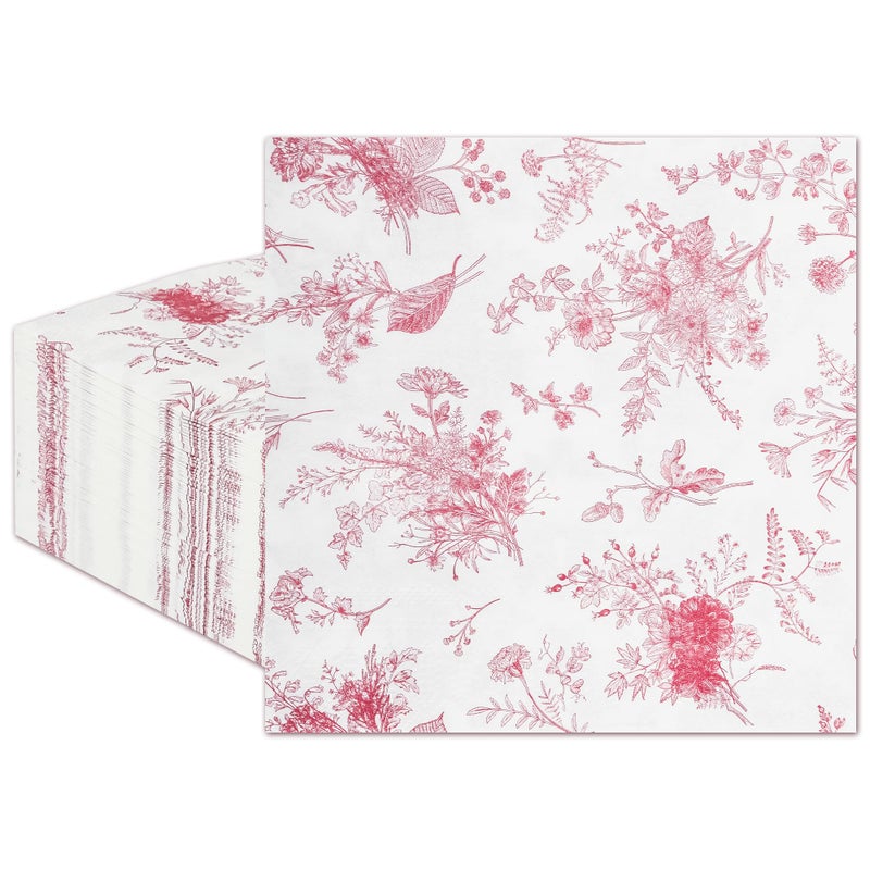 Elyxio 100 Floral Cocktail Napkins Red White Toile Paper Napkins Vintage Red Flower Bouquet Disposable Hand Towels for Valentines Bridal Baby Shower Tea Party Supplies Table Decor (Red White)  - Image 1