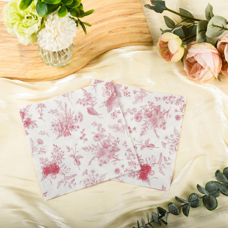 Elyxio 100 Floral Cocktail Napkins Red White Toile Paper Napkins Vintage Red Flower Bouquet Disposable Hand Towels for Valentines Bridal Baby Shower Tea Party Supplies Table Decor (Red White)  - Image 4