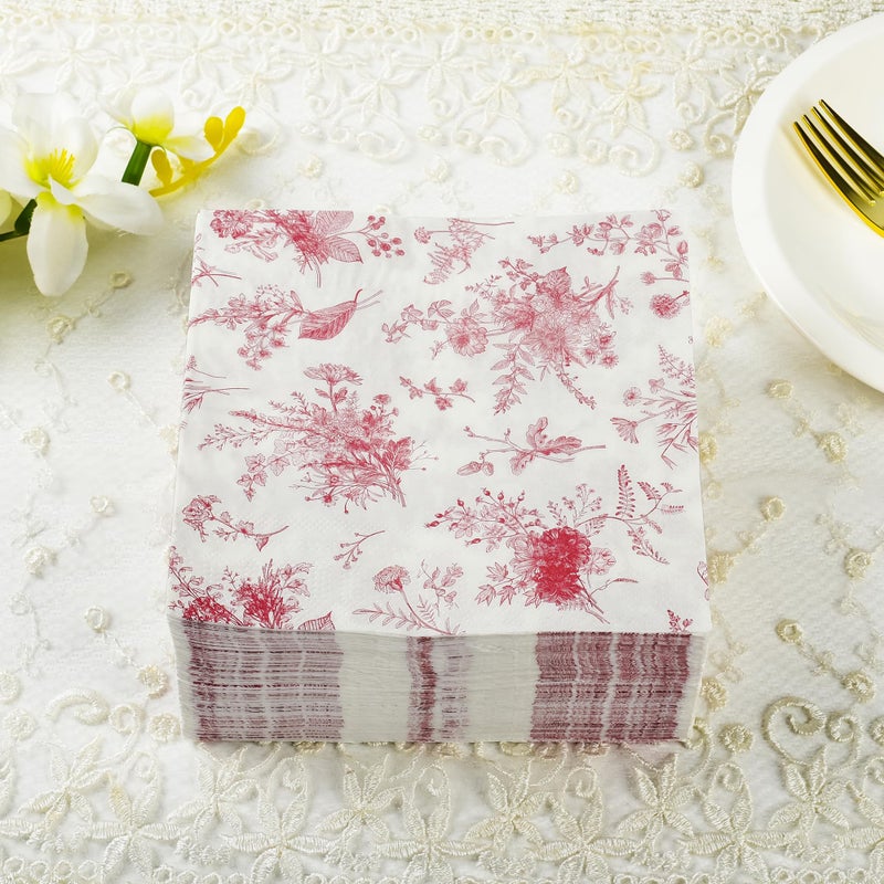 Elyxio 100 Floral Cocktail Napkins Red White Toile Paper Napkins Vintage Red Flower Bouquet Disposable Hand Towels for Valentines Bridal Baby Shower Tea Party Supplies Table Decor (Red White)  - Image 5