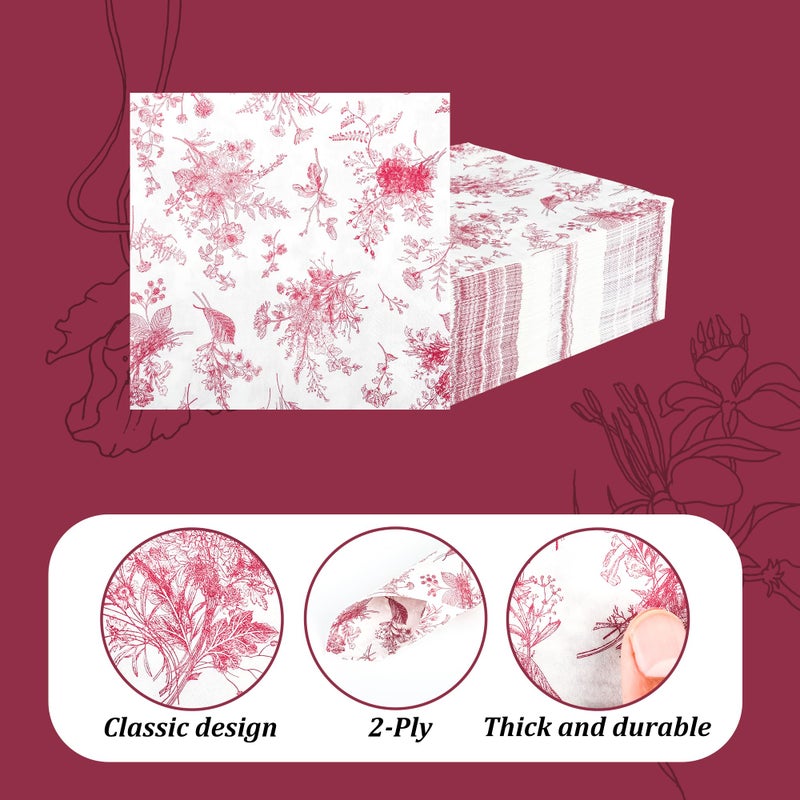 Elyxio 100 Floral Cocktail Napkins Red White Toile Paper Napkins Vintage Red Flower Bouquet Disposable Hand Towels for Valentines Bridal Baby Shower Tea Party Supplies Table Decor (Red White)  - Image 3