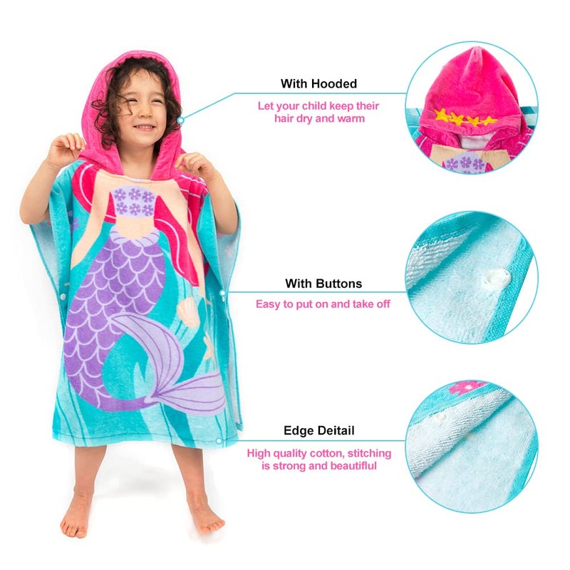 Florica Toddler Hooded Beach Towel Coverup Cape Kids 100% Cotton Soft Quick Dry Absorbent Use for Swim Pool Bath Poncho Towels for 2 to 6 Years Old Children Size 24"x 47" in Full-Length (Fancy Mermai') - Image 3