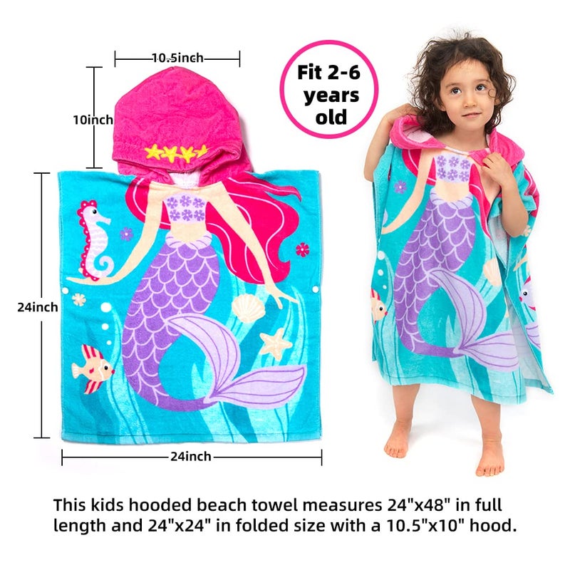 Florica Toddler Hooded Beach Towel Coverup Cape Kids 100% Cotton Soft Quick Dry Absorbent Use for Swim Pool Bath Poncho Towels for 2 to 6 Years Old Children Size 24"x 47" in Full-Length (Fancy Mermai') - Image 4