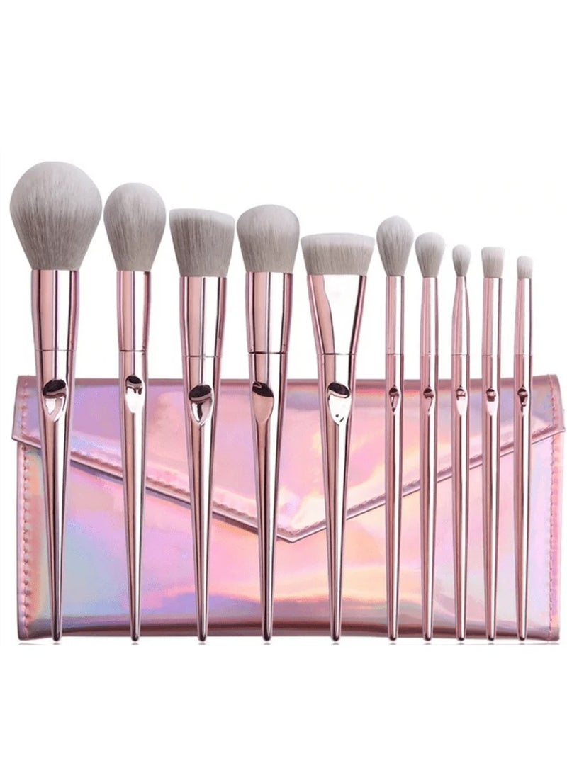 10-Piece Makeup Brush Set with PU Pouch Pink/Grey - Image 1