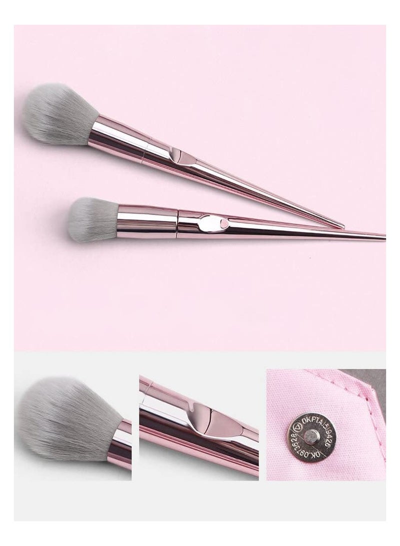 10-Piece Makeup Brush Set with PU Pouch Pink/Grey - Image 4