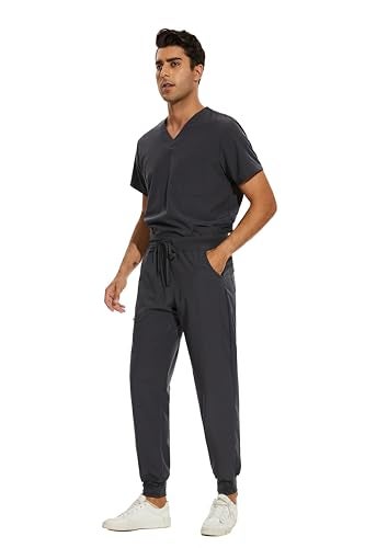COZYFIT طقم سكرابز للرجال من COZYFIT - قميص سكراب بفتحة عنق على شكل V وسروال جوجر مع 8 جيوب، حزام يوغا، مضاد للتجاعيد - رمادي داكن، L - Image 3