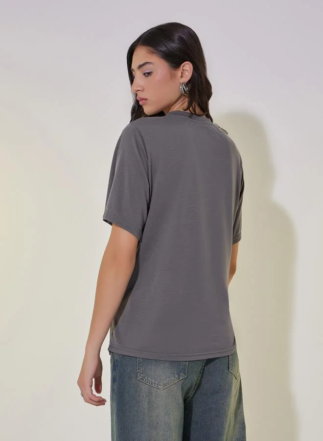 Take Two Solid Round Neck Waist Gathered Detail T-Shirt