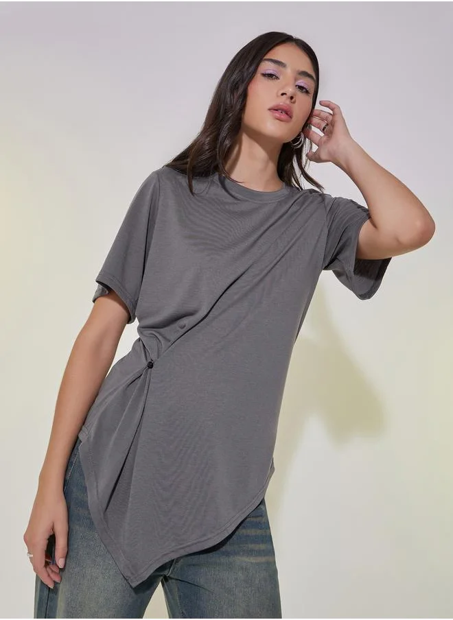 ستايلي Solid Round Neck Waist Gathered Detail T-Shirt