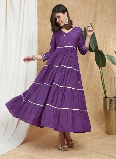 globus Globus Women Purple Sequin Embellished V-Neck Gotta Lace Detail Waist Tie-Ups Fit & Flare Tiered Maxi Festive Dress