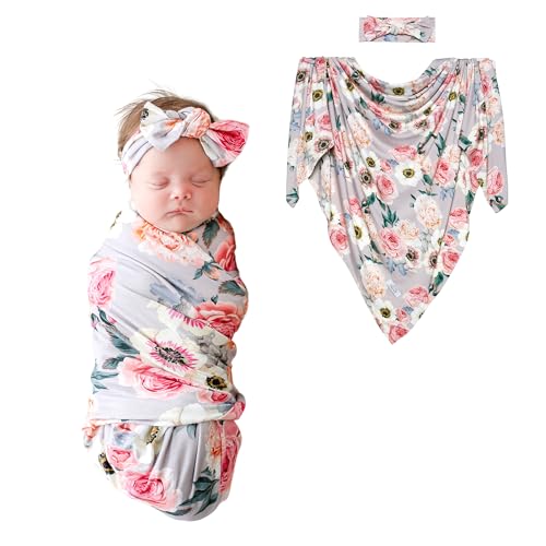 Posh Peanut Swaddle Blanket Headband Set Viscose from Bamboo Stretchy Baby Swaddle for Newborn Girls Receiving Blanket or Nursing Cover - Image 1