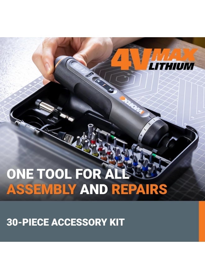 ووركس {"en":"Worx WX242 4V Smart Cordless Electric Screwdriver Set – 7-Level Torque, SDS Quick-Change Chuck, LED Lighting, USB Rechargeable with 30 Bit Kit - Image 2