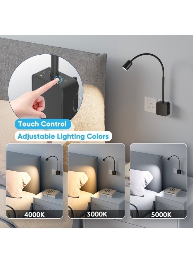 PRINCEWAY Plug In LED Wall Reading Light for Books in Bed, Dimmable LED Black Flexible Bedside Wall Lamp with Power Plug, Two Touch Switches, 3 Lighting Color Modes, 50° Spot Light Angle - Image 4