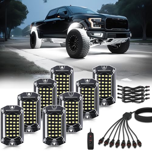 TDE Explorer.Lighting 8 Pods Full Angle Pure White LED Rock Lights for Jeeps Truck Golf Cart ATV UTV RZR SUV Offroad Pickup, 6500K Super Bright Waterproof White Underglow Kit with Switch Wiring Harness Extension Wires - Image 1