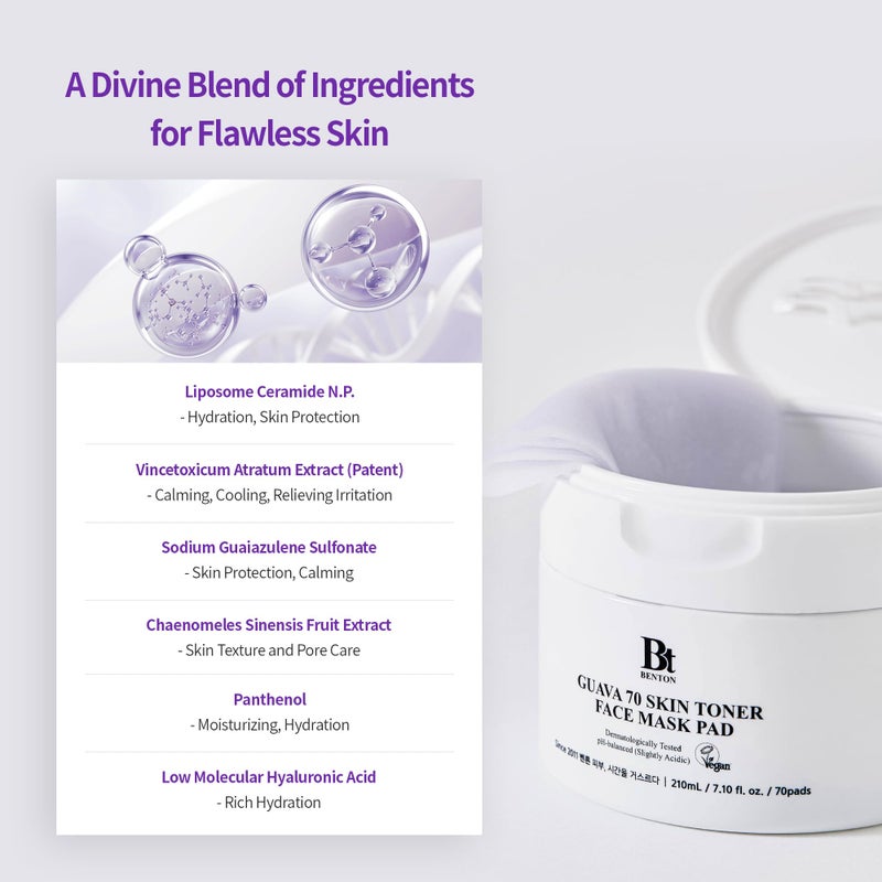 BENTON Guava 70 Skin Toner Face Mask Pad Moisturizer Hyaluronic Acid Soothing Calming Relief Pore Care for Dry Sensitive, All Skin Types Dewy Luminous Skin, Non-Drying Toner Pads, Korean Skin Care - Image 4