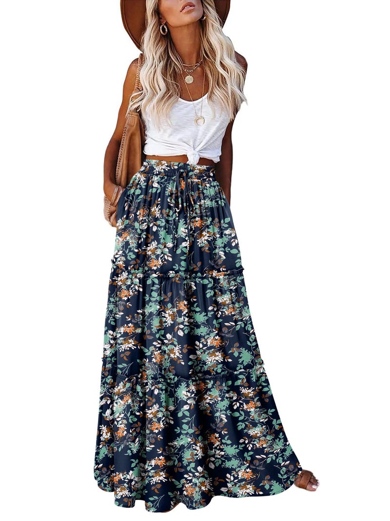 onlypuff Maxi Skirt for Women Boho Western Skirts High Waist Long Skirt with Pockets Fall Festival Outfits Clothing Blue Floral XL - Image 1