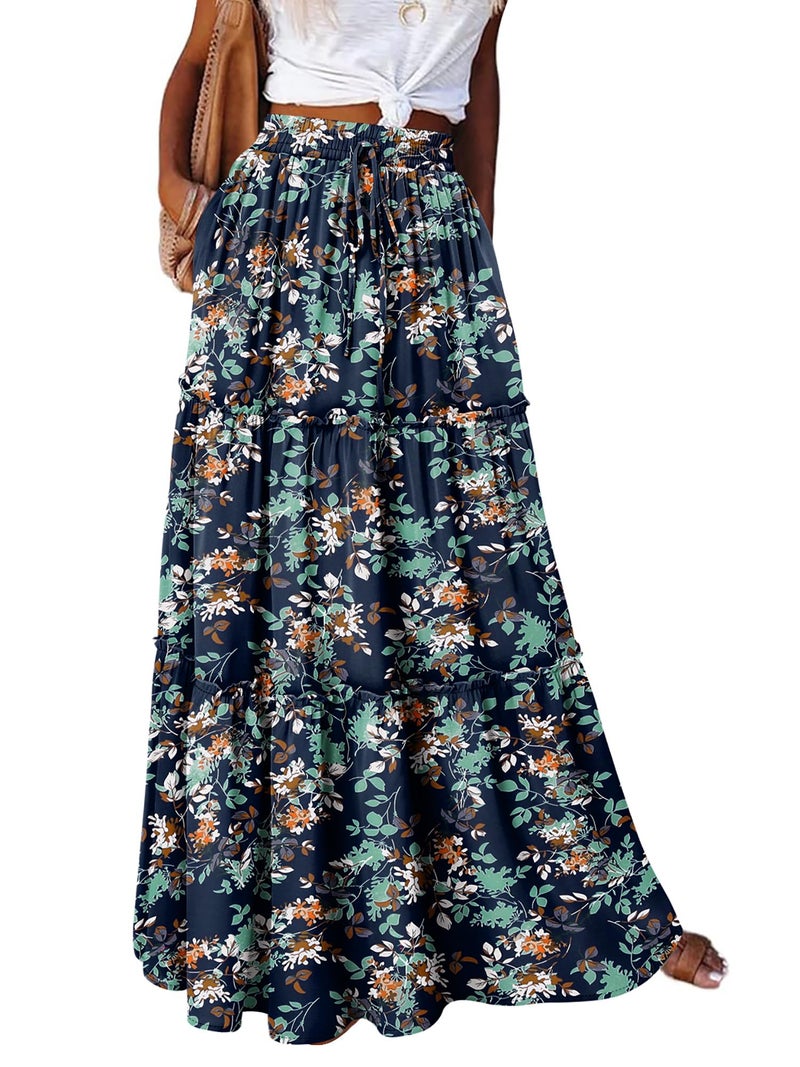 onlypuff Maxi Skirt for Women Boho Western Skirts High Waist Long Skirt with Pockets Fall Festival Outfits Clothing Blue Floral XL - Image 4