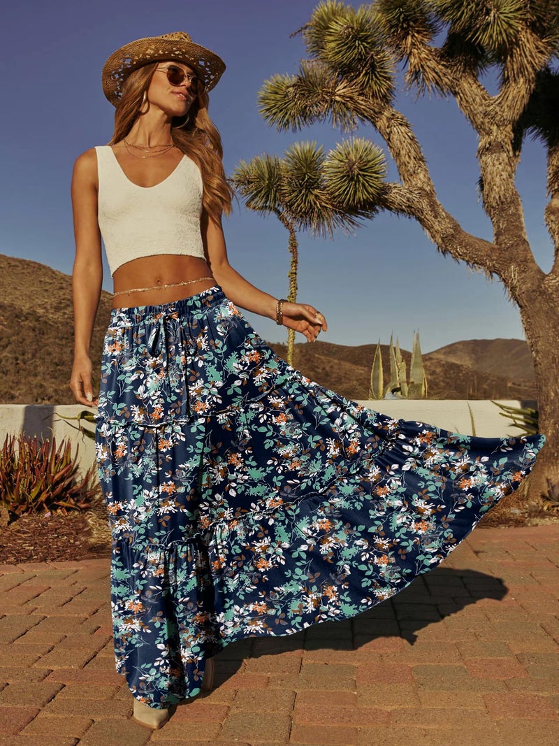 onlypuff Maxi Skirt for Women Boho Western Skirts High Waist Long Skirt with Pockets Fall Festival Outfits Clothing Blue Floral XL - Image 3
