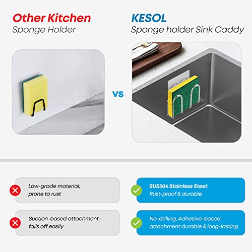 KESOL Kitchen Sponge Holder | Sink Caddy for Sponges, Scrubbers, Soap. No Drilling, Adhesive, Rustproof SUS304 Stainless Steel, Compact Kitchen Sink Accessories - Image 5