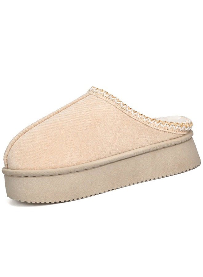 BERANMEY Plush Platform Slippers for Women & Men - Cozy Non-Slip Sole,Warm Fuzzy Lined House Shoes for Indoor Outdoor Short Ankle Slippers, Khaki, 9.5-10 Women/8.5-9 Men - Image 1
