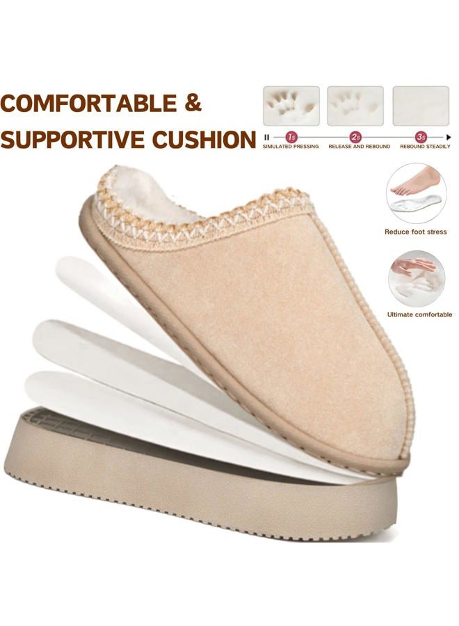 BERANMEY Plush Platform Slippers for Women & Men - Cozy Non-Slip Sole,Warm Fuzzy Lined House Shoes for Indoor Outdoor Short Ankle Slippers, Khaki, 9.5-10 Women/8.5-9 Men - Image 5
