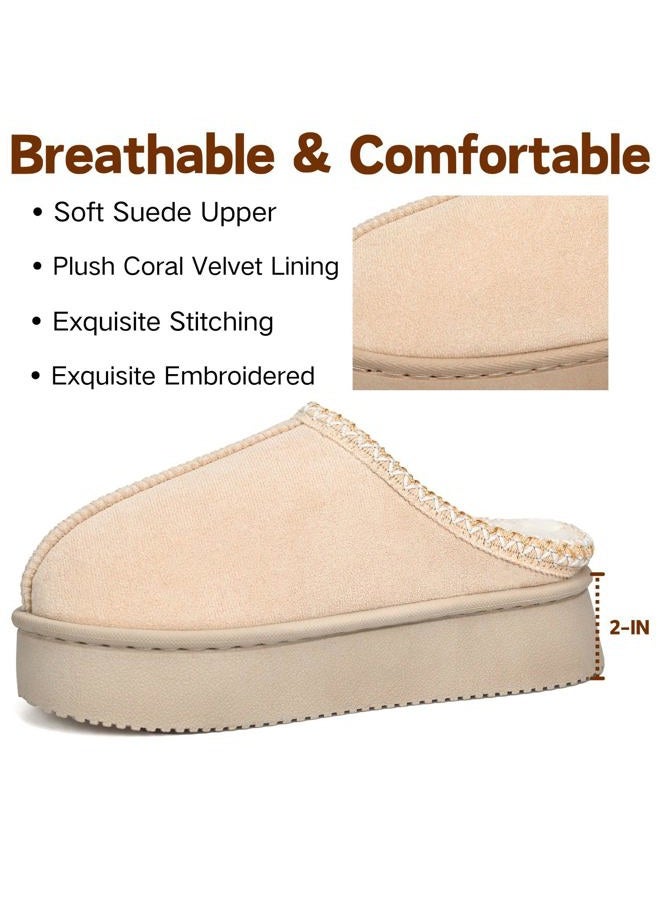 BERANMEY Plush Platform Slippers for Women & Men - Cozy Non-Slip Sole,Warm Fuzzy Lined House Shoes for Indoor Outdoor Short Ankle Slippers, Khaki, 9.5-10 Women/8.5-9 Men - Image 3