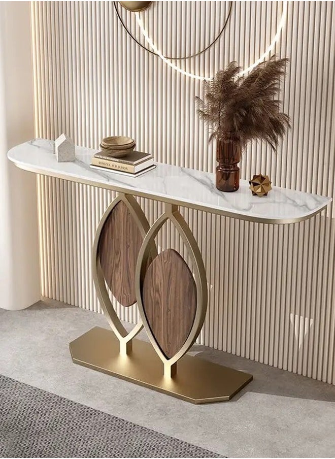 Raffine Modern Design Rustproof Rock Slab Console Table White Curved Shape Tabletop Sintered Stone Entryway Table Display Table Leaf Design Metal Frame Pedestal for Foyer Living Room Home Offices 100x30x80 cm  - Image 1