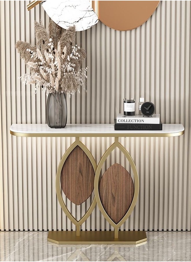Raffine Modern Design Rustproof Rock Slab Console Table White Curved Shape Tabletop Sintered Stone Entryway Table Display Table Leaf Design Metal Frame Pedestal for Foyer Living Room Home Offices 100x30x80 cm  - Image 3