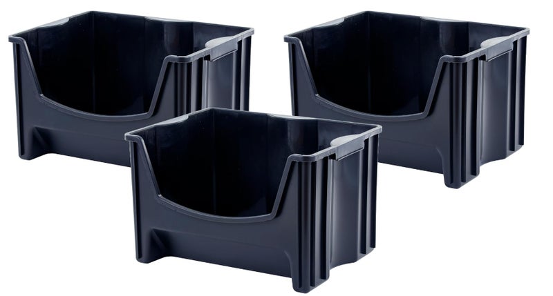 Mighty Tuff Jumbo Stackable Storage Bins Pack of 3 EasyAccess Storage Large EasyToGrip Handles Wide Front Opening Interlocking Stack Vertically Black