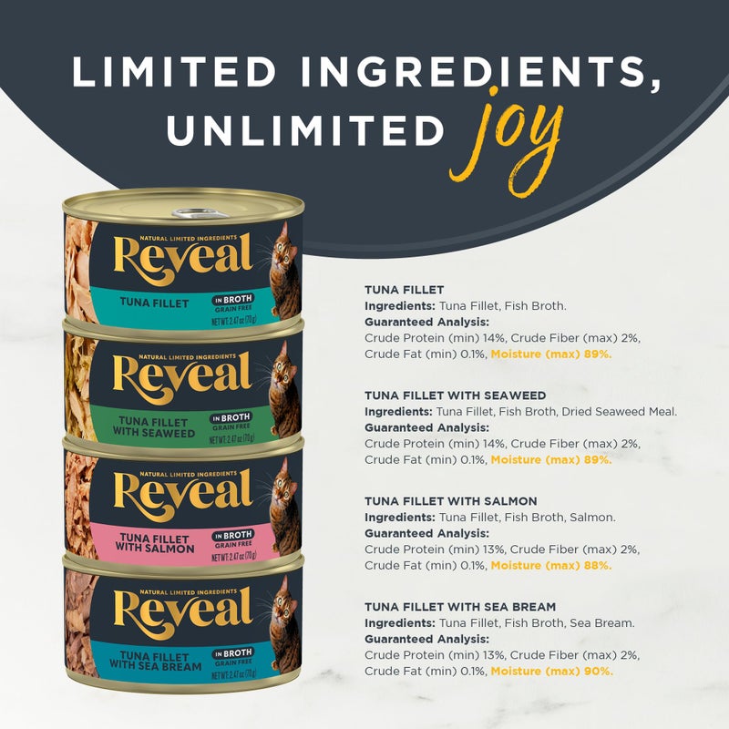 Reveal Natural Wet Canned Cat Food, 4-Flavor Variety Pack, Limited Ingredient, Grain Free, High Protein with No Artificial Additives, Fish Variety in Broth (20 x 2.47 oz Cans) - Image 3