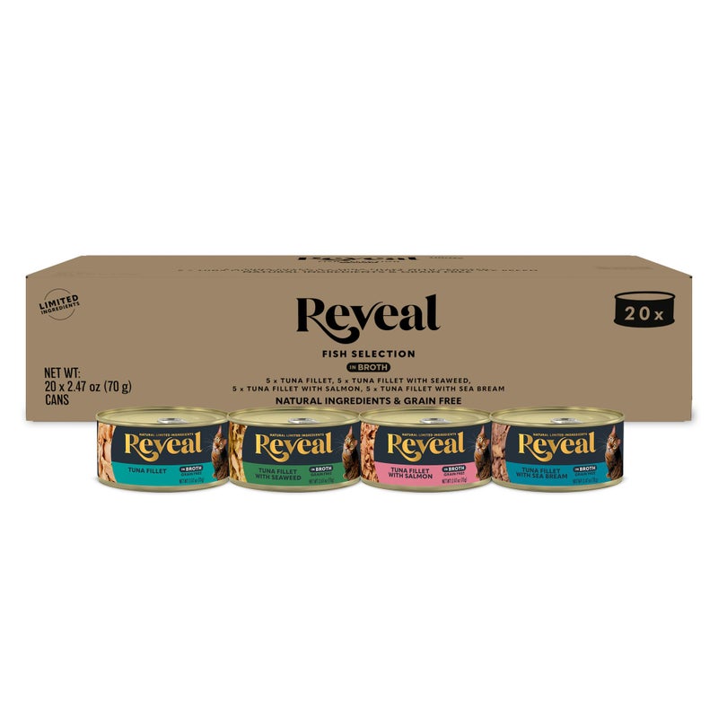 Reveal Natural Wet Canned Cat Food, 4-Flavor Variety Pack, Limited Ingredient, Grain Free, High Protein with No Artificial Additives, Fish Variety in Broth (20 x 2.47 oz Cans) - Image 1