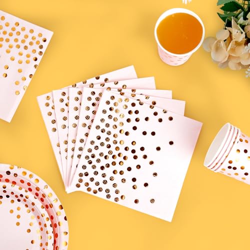 JOLLY PARTY لوازم الحفلات الوردية والذهبية - مجموعة أدوات تناول الطعام القابلة للتصرف 350 قطعة - أطباق ورقية وردية، مناديل، أكواب، شوك، سكاكين، ملاعق بلاستيكية ذهبية لحفلات التخرج، أعياد الميلاد، حفلات الكوكتيل - Image 4