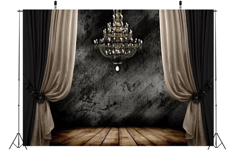 BELECO 7x5ft Fabric Luxury Chandelier Backdrop for Photography Grunge Dark Room Interior with Wooden Floor Curtains European Gorgeous Crystal Chandelier Background Portrait Photoshoot Studio Props - Image 3