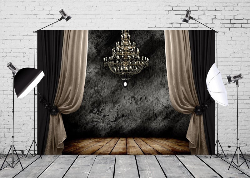 BELECO 7x5ft Fabric Luxury Chandelier Backdrop for Photography Grunge Dark Room Interior with Wooden Floor Curtains European Gorgeous Crystal Chandelier Background Portrait Photoshoot Studio Props - Image 2