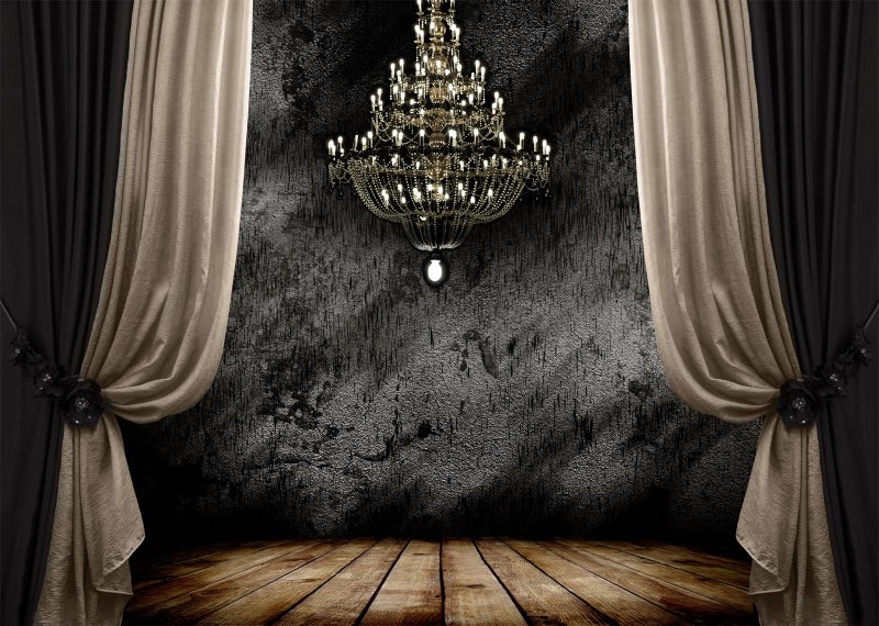 BELECO 7x5ft Fabric Luxury Chandelier Backdrop for Photography Grunge Dark Room Interior with Wooden Floor Curtains European Gorgeous Crystal Chandelier Background Portrait Photoshoot Studio Props - Image 1