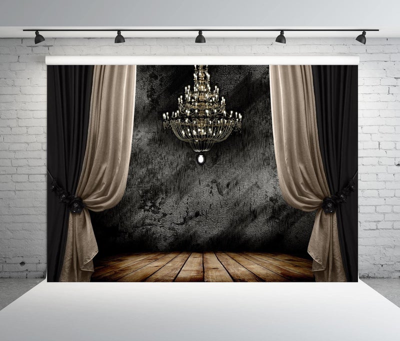 BELECO 7x5ft Fabric Luxury Chandelier Backdrop for Photography Grunge Dark Room Interior with Wooden Floor Curtains European Gorgeous Crystal Chandelier Background Portrait Photoshoot Studio Props - Image 4