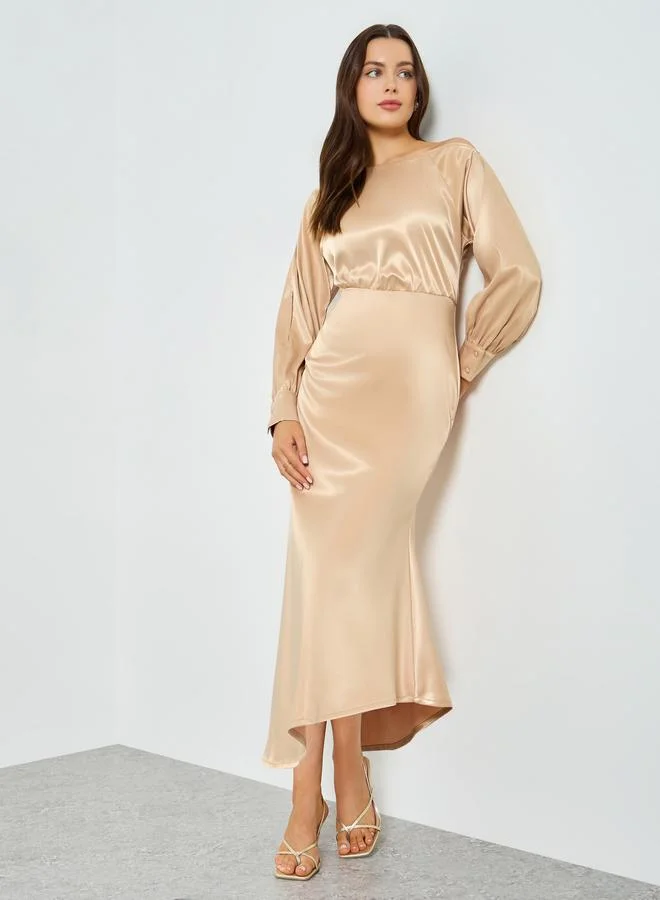 Take Two  Beige Satin One Shoulder Balloon Sleeve Midi Dress for Women | Best Price UAE