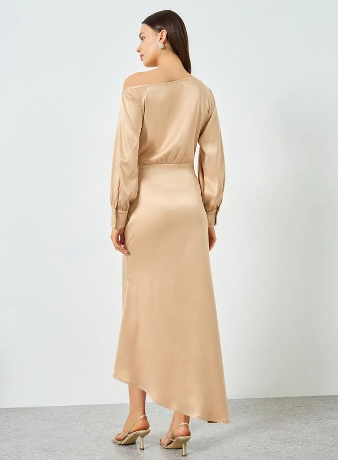 Take Two  Beige Satin One Shoulder Balloon Sleeve Midi Dress for Women | Best Price UAE