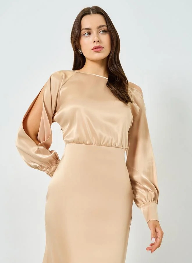 Take Two Beige Satin One Shoulder Balloon Sleeve Midi Dress