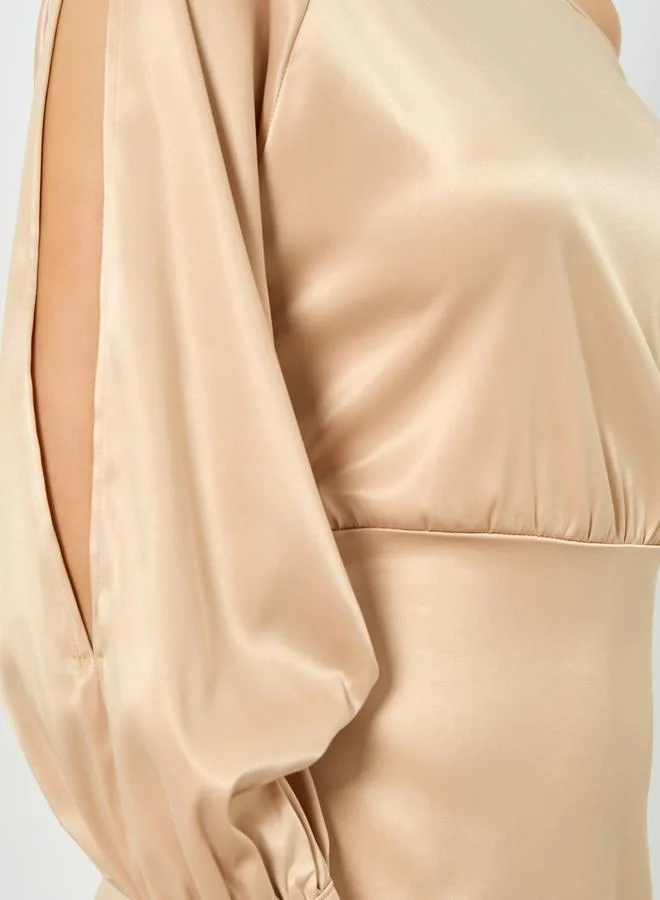 Take Two  Beige Satin One Shoulder Balloon Sleeve Midi Dress for Women | Best Price UAE