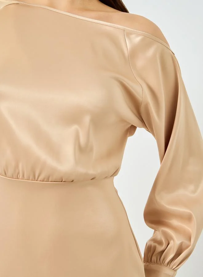 Take Two  Beige Satin One Shoulder Balloon Sleeve Midi Dress for Women | Best Price UAE