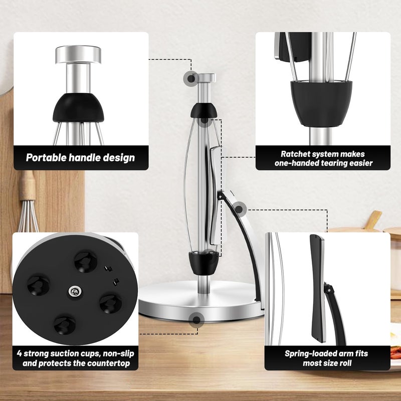 VEHHE VEHHE Paper Towel Holder, Simply Tear Paper Towel Holder Countertop with Spring Activated Arm and Silent Damping Function, Kitchen Towel Holder Stand with Suction Cups for Kitchen Bathroom  - Image 5
