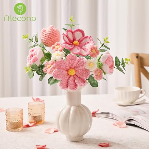 Alecono Crochet Flower Bouquet, Pink Knitted Flowers, Crochet Tulip Galsang Flower for Lover Anniversary Birthday Party Mother's Day Graduation Gifts (Include Card) - Image 4