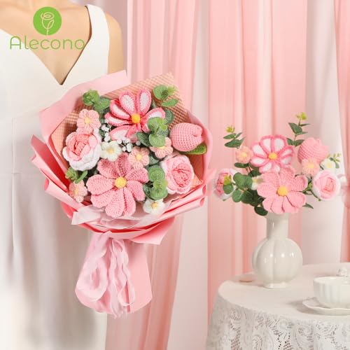 Alecono Crochet Flower Bouquet, Pink Knitted Flowers, Crochet Tulip Galsang Flower for Lover Anniversary Birthday Party Mother's Day Graduation Gifts (Include Card) - Image 2
