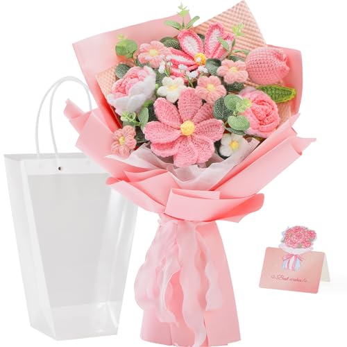 Alecono Crochet Flower Bouquet, Pink Knitted Flowers, Crochet Tulip Galsang Flower for Lover Anniversary Birthday Party Mother's Day Graduation Gifts (Include Card) - Image 1