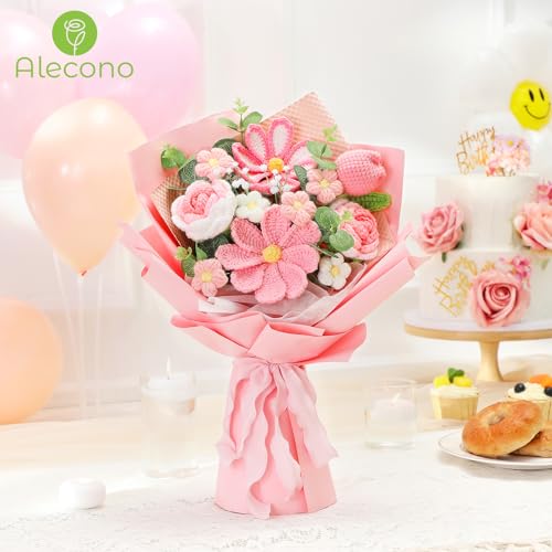 Alecono Crochet Flower Bouquet, Pink Knitted Flowers, Crochet Tulip Galsang Flower for Lover Anniversary Birthday Party Mother's Day Graduation Gifts (Include Card) - Image 5