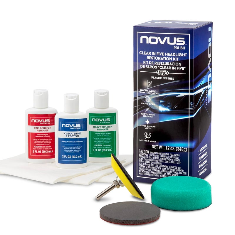 NOVUS مجموعة استعادة المصابيح الأمامية NOVUS Clear in Five 2 أونصة 1 و 2 و 3 زجاجات وسادة تلميع وسادة دعم ملحق مثقاب قرص صنفرة 1000 حبيبة 3 أصدقاء تلميع NOVUS - Image 2